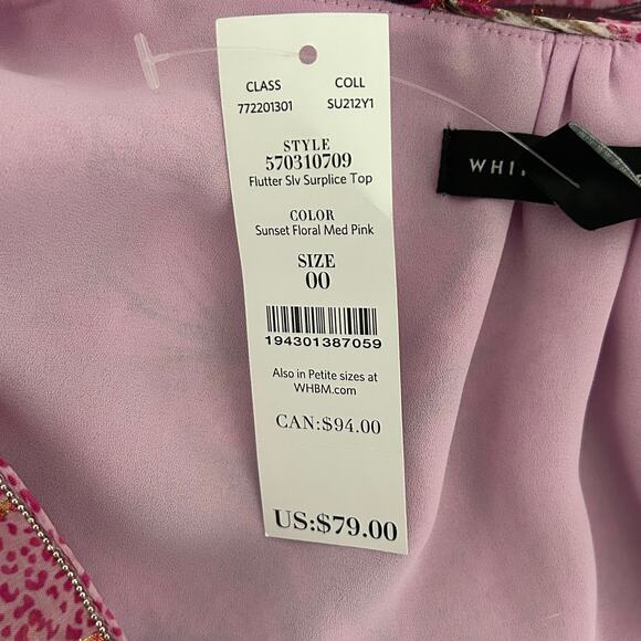 White House Black Market Flutter Sleeve Surplice Sunset Floral Top 00 New - Picture 9 of 10